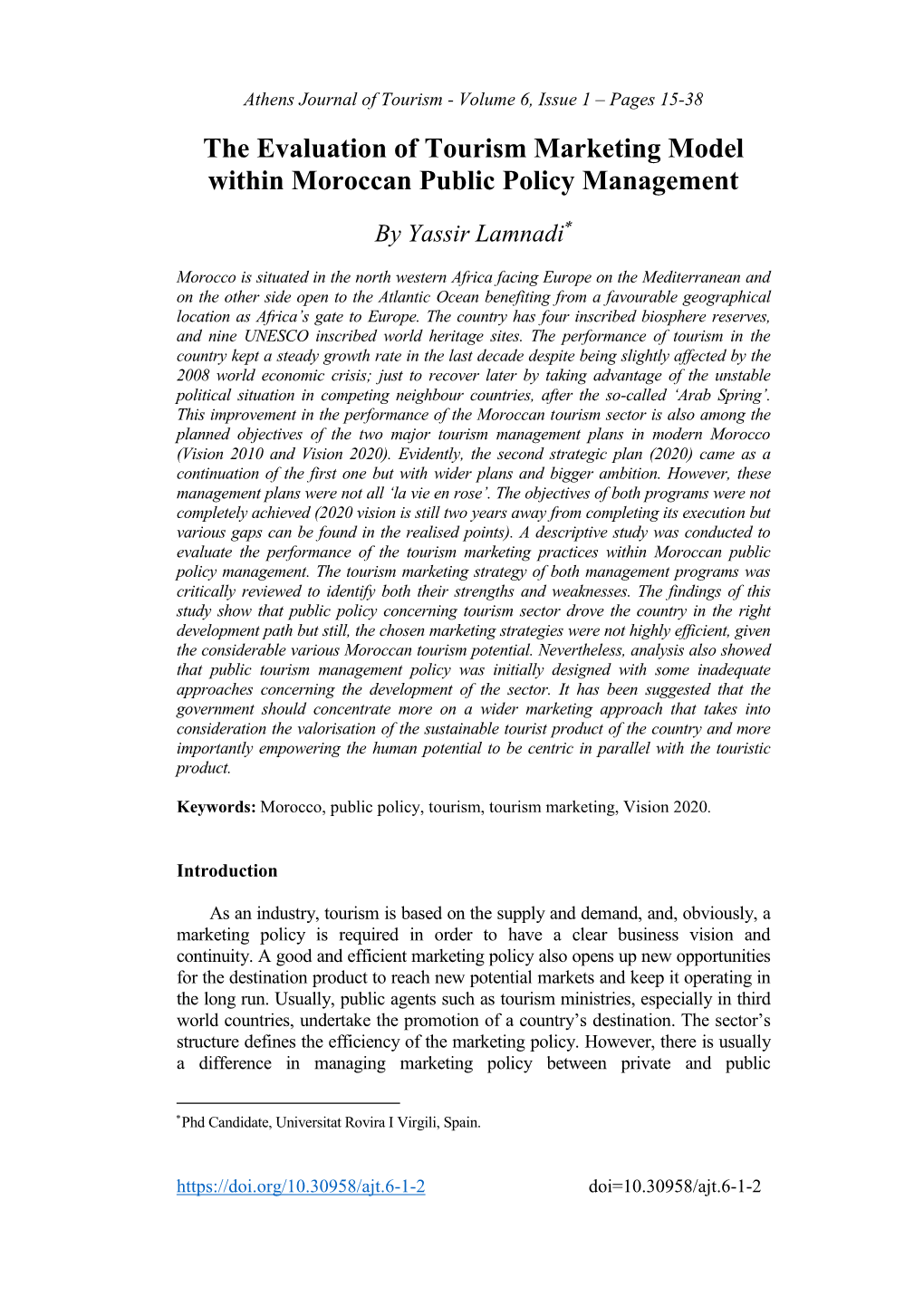 The Evaluation of Tourism Marketing Model Within Moroccan Public Policy Management