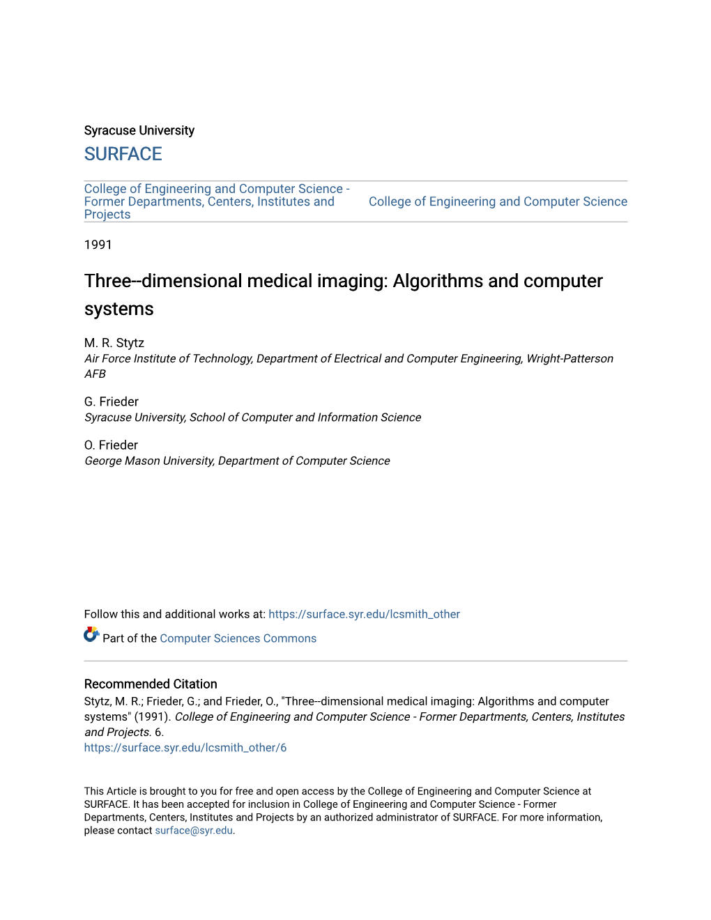 Three--Dimensional Medical Imaging: Algorithms and Computer Systems