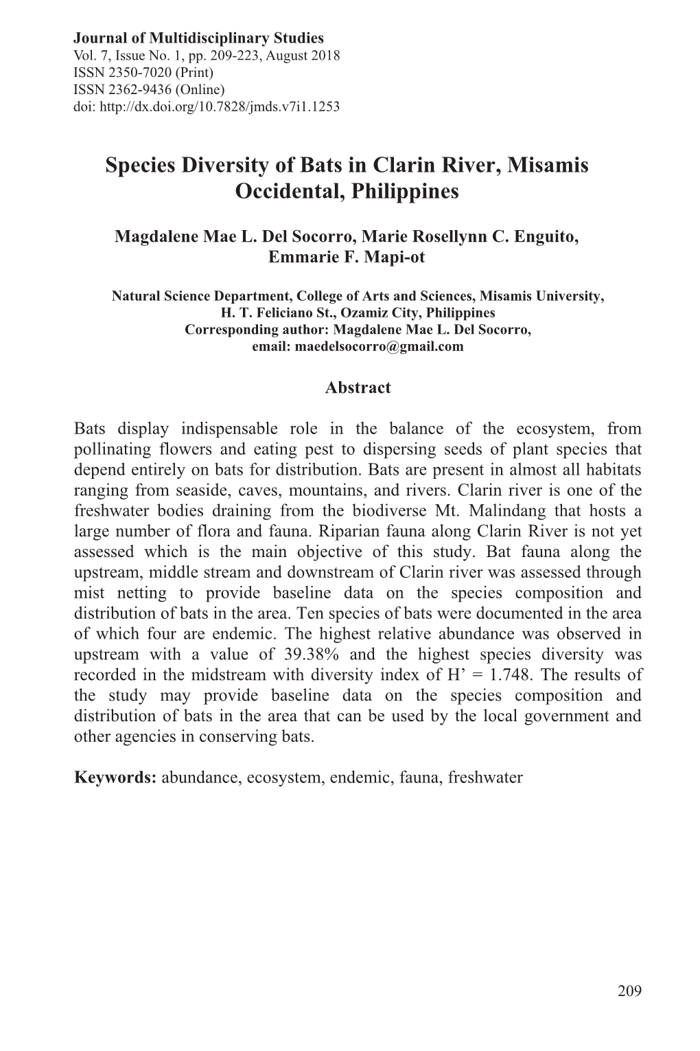 Species Diversity of Bats in Clarin River, Misamis Occidental, Philippines