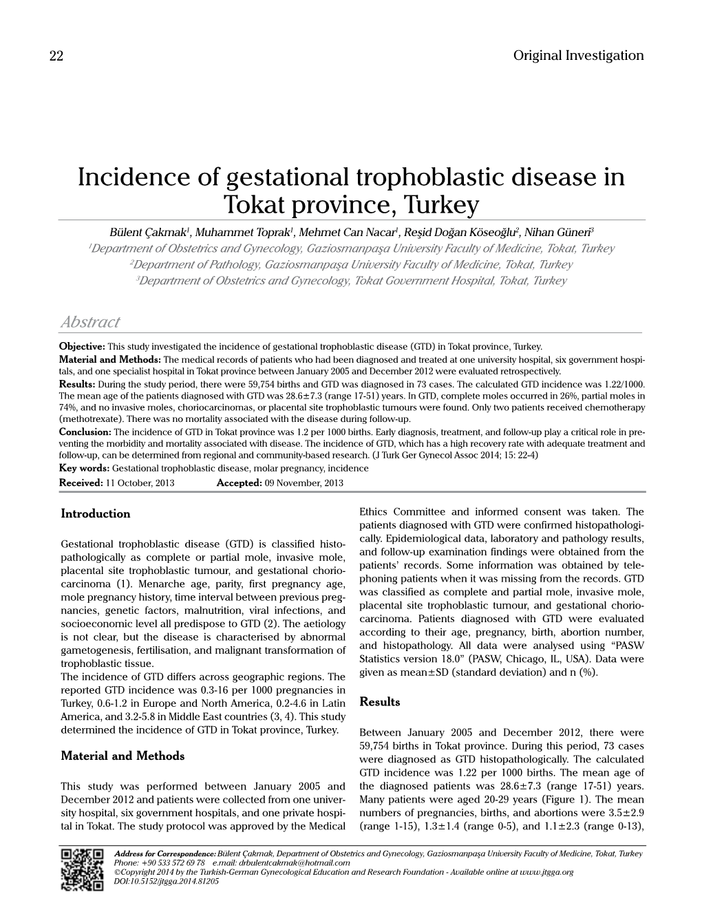 Incidence of Gestational Trophoblastic Disease in Tokat Province, Turkey