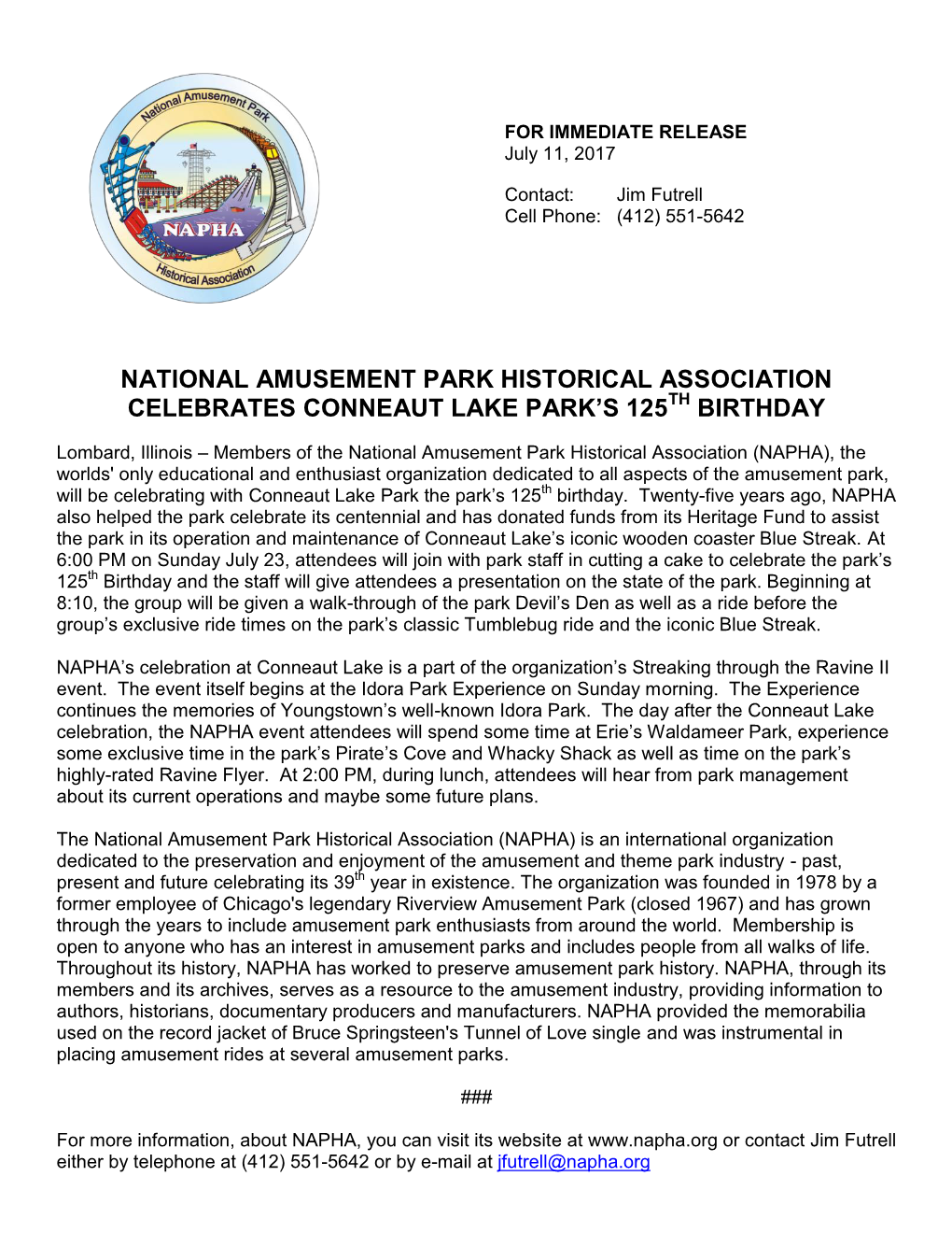 Napha Celebrates Conneaut Lake Park's 125Th Birthday