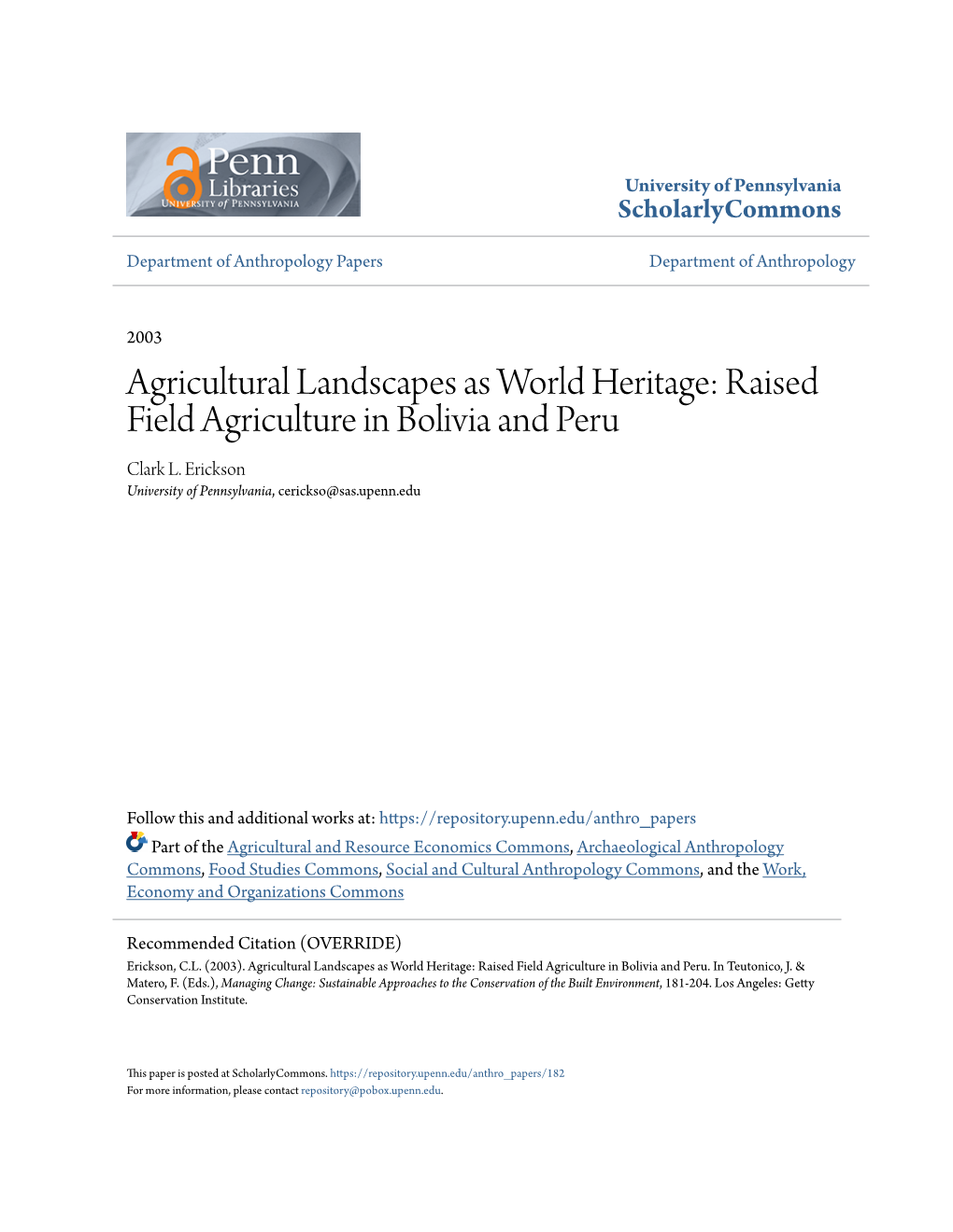 Raised Field Agriculture in Bolivia and Peru Clark L