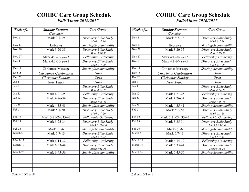 COHBC Care Group Schedule