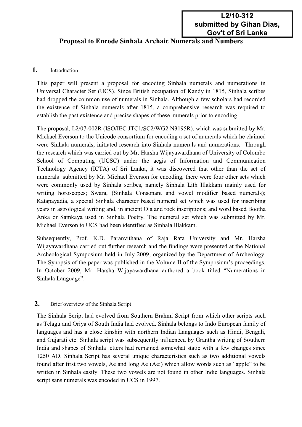 Proposal to Encode Sinhala Archaic Numerals and Numbers 1