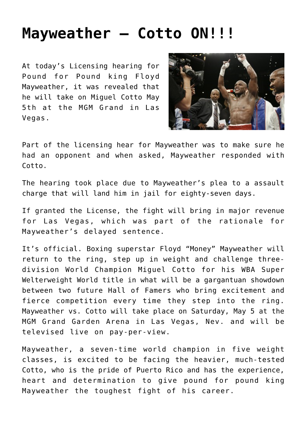Mayweather &#8211; Cotto ON!!!