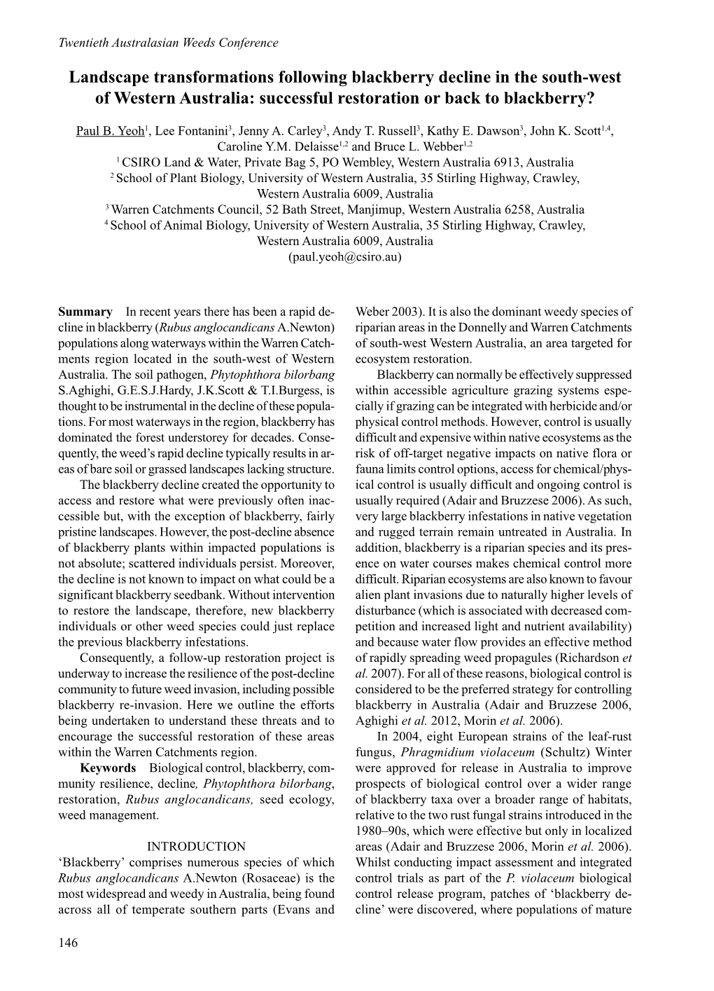 Landscape Transformations Following Blackberry Decline in the South-West of Western Australia: Successful Restoration Or Back to Blackberry?