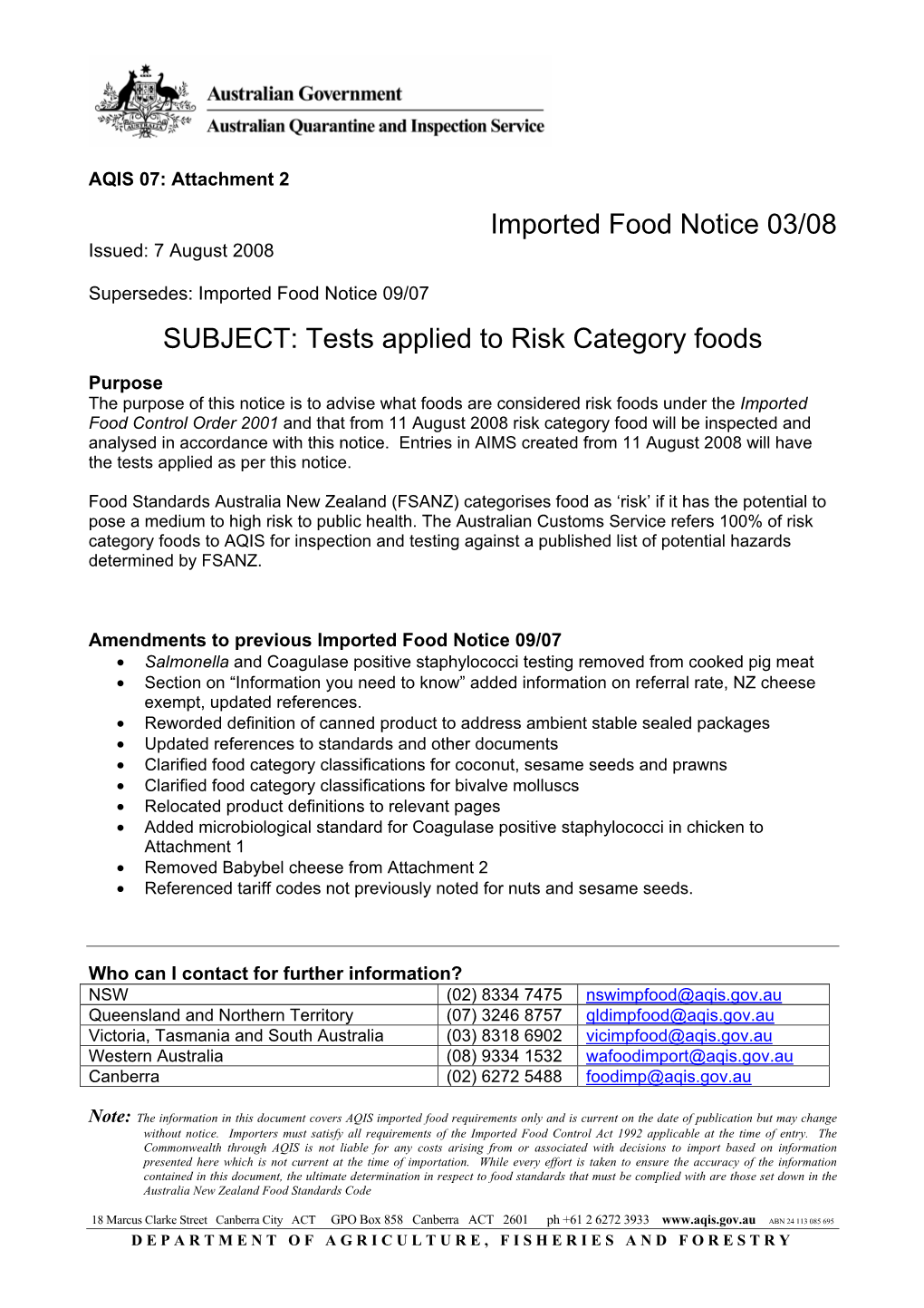 Imported Food Notice 03/08 Issued: 7 August 2008