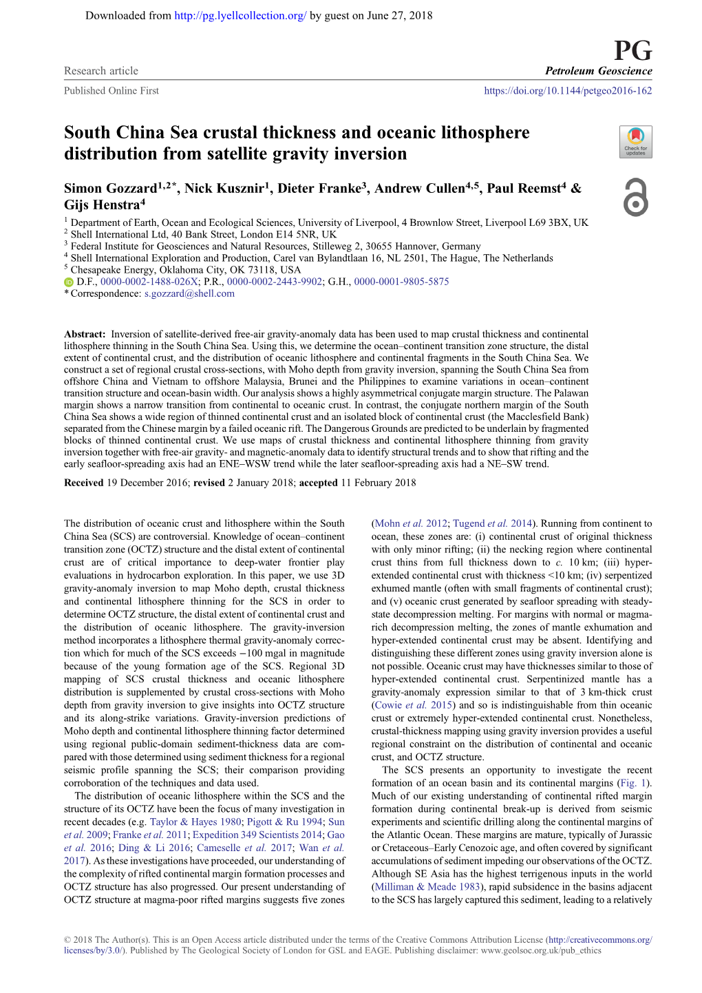 South China Sea Crustal Thickness and Oceanic Lithosphere Distribution from Satellite Gravity Inversion