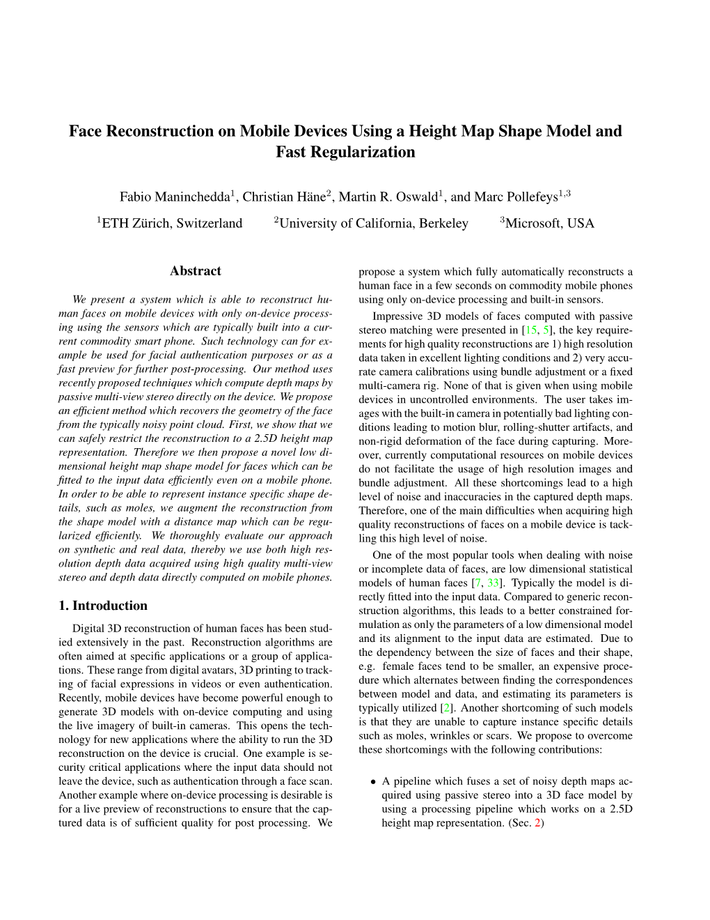 Face Reconstruction on Mobile Devices Using a Height Map Shape Model and Fast Regularization