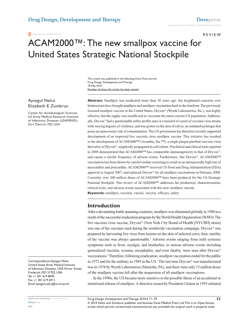 ACAM2000™: the New Smallpox Vaccine for United States Strategic National Stockpile