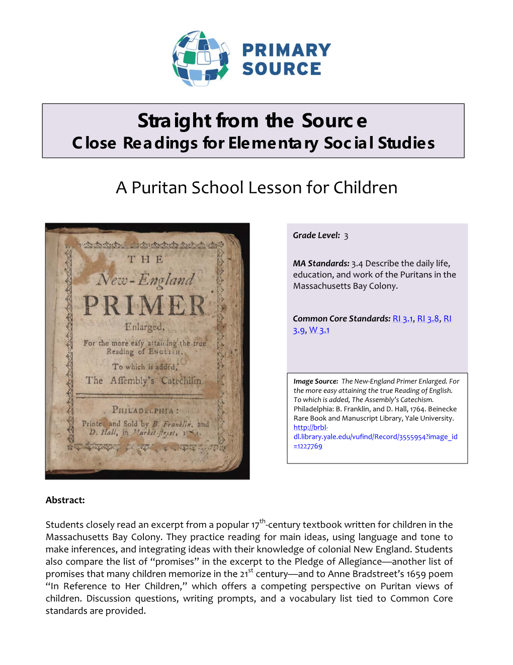 Grade 3 Puritan School Lesson