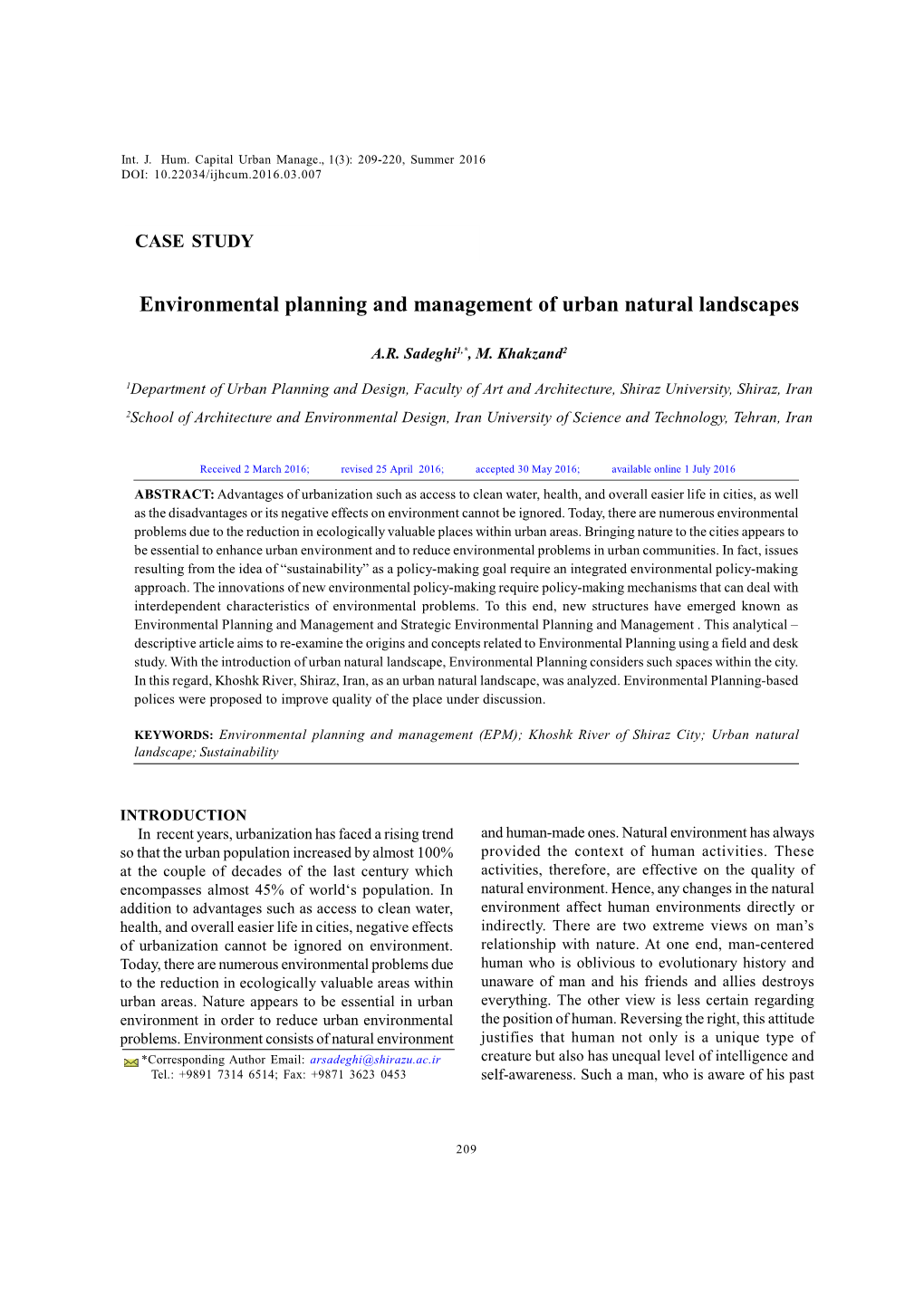 Environmental Planning and Management of Urban Natural Landscapes