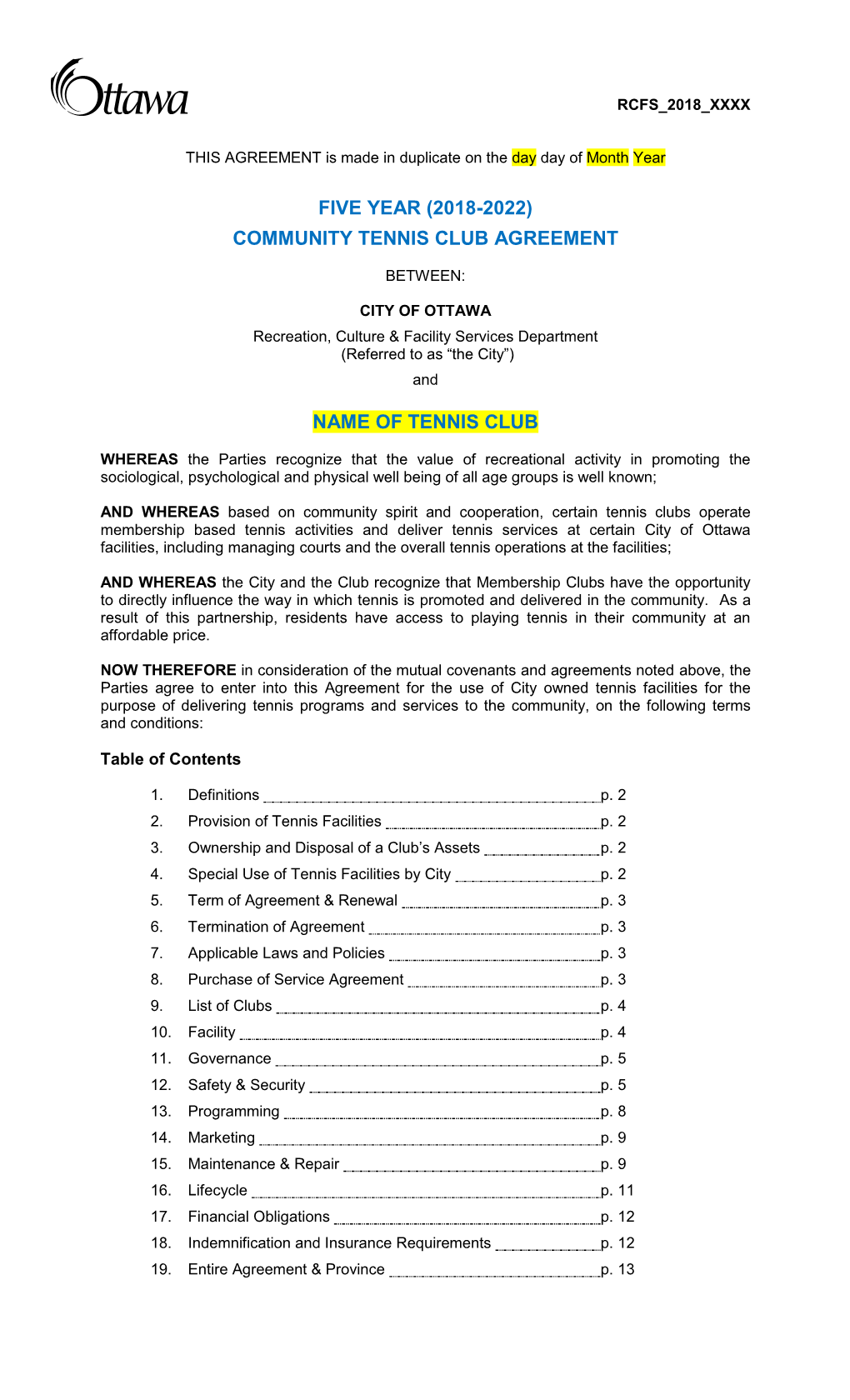 COMMUNITY TENNIS CLUB AGREEMENT 2012-2016 Page