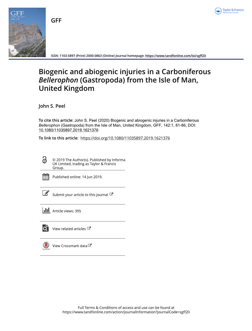 Biogenic and Abiogenic Injuries in a Carboniferous Bellerophon (Gastropoda) from the Isle of Man, United Kingdom