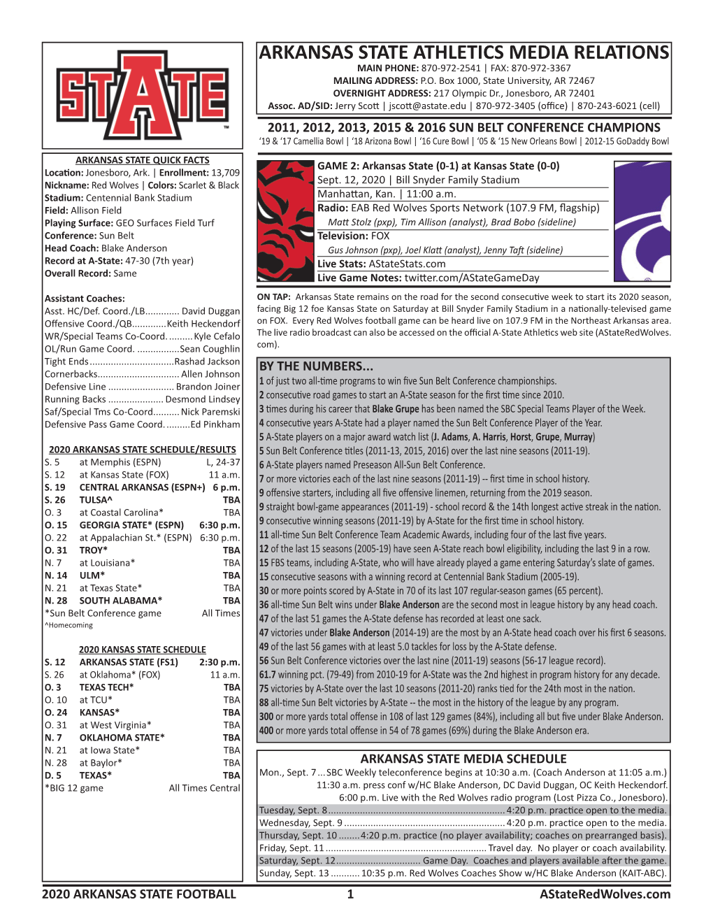 2020 A-State Football Game Notes.Indd