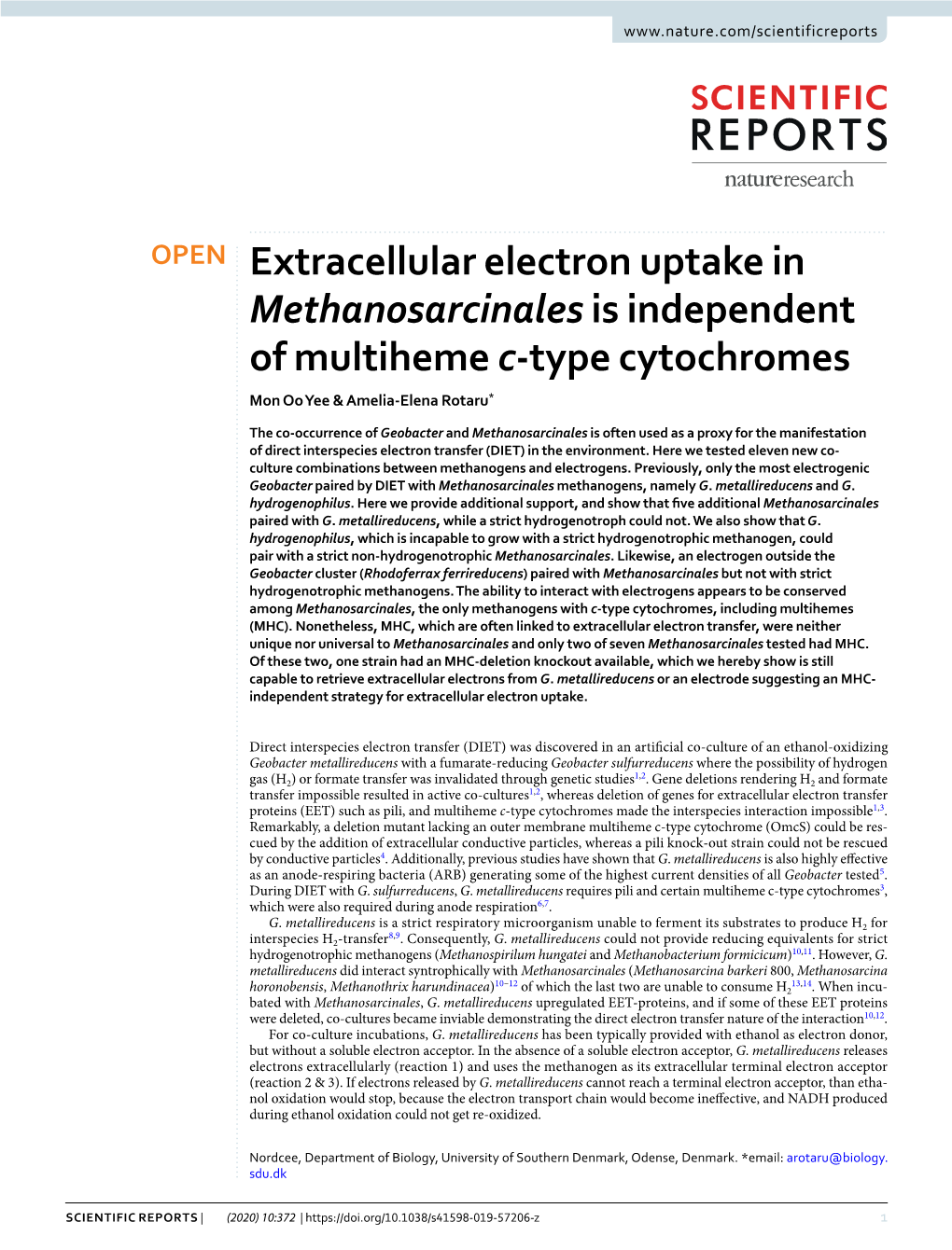 Extracellular Electron Uptake in Methanosarcinales Is Independent of Multiheme C-Type Cytochromes Mon Oo Yee & Amelia-Elena Rotaru*