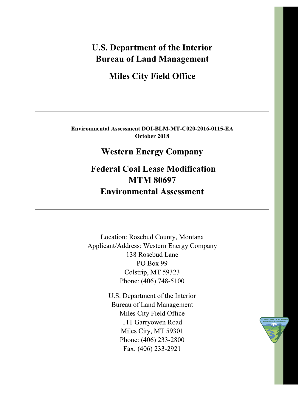 Western Energy Company Federal Coal Lease Modification MTM 80697 Environmental Assessment