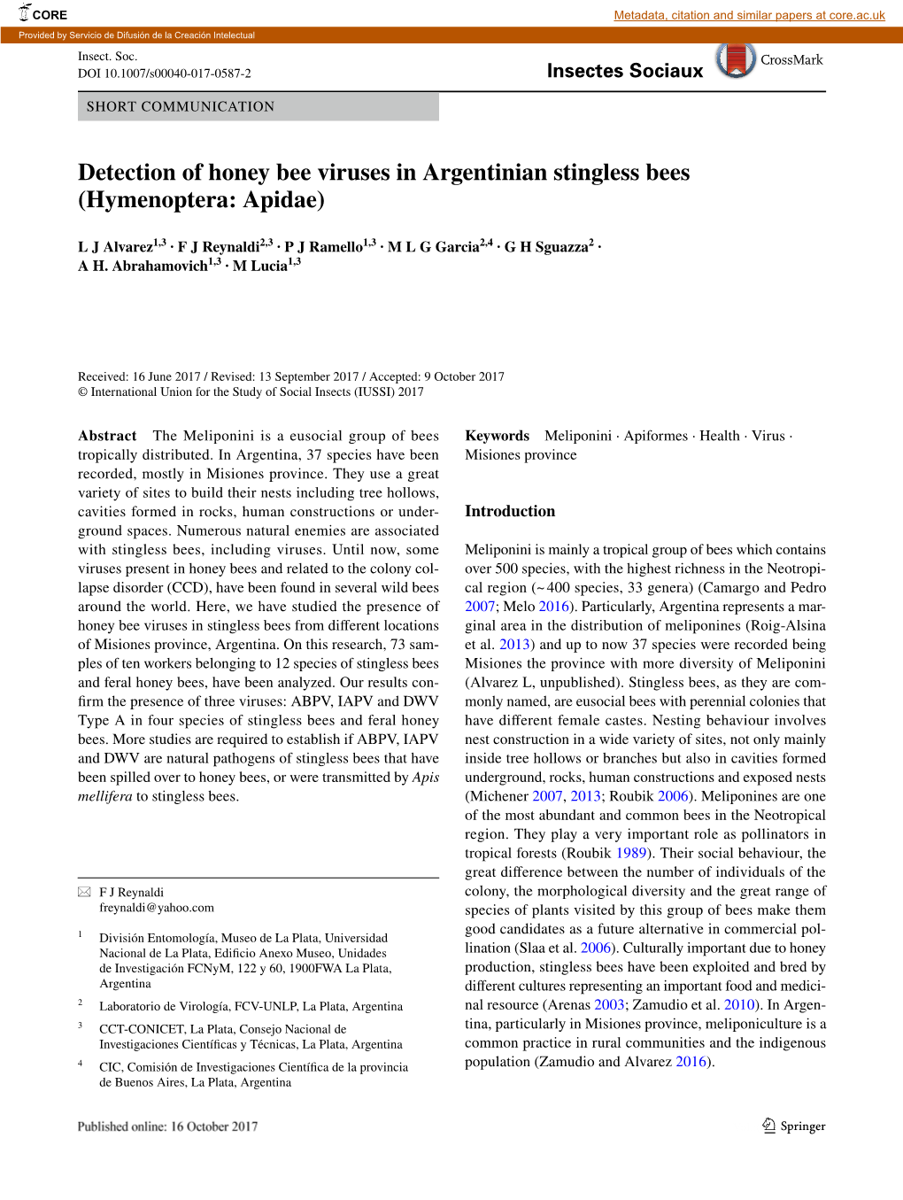 Detection of Honey Bee Viruses in Argentinian Stingless Bees (Hymenoptera: Apidae)
