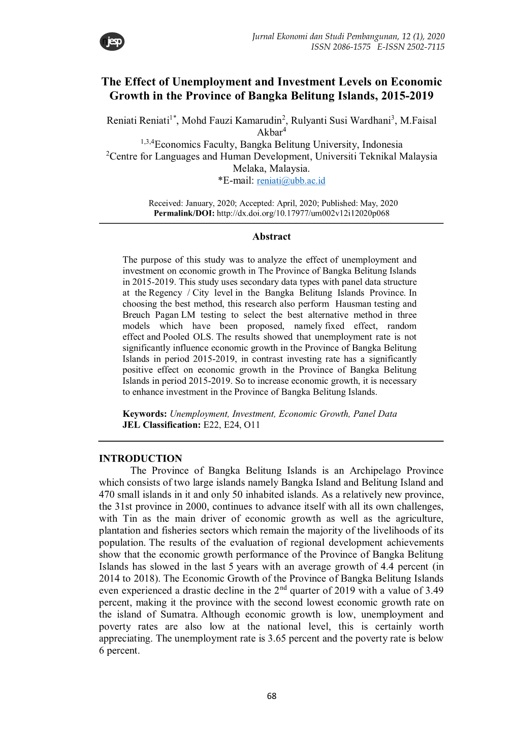 The Effect of Unemployment and Investment Levels on Economic Growth in the Province of Bangka Belitung Islands, 2015-2019