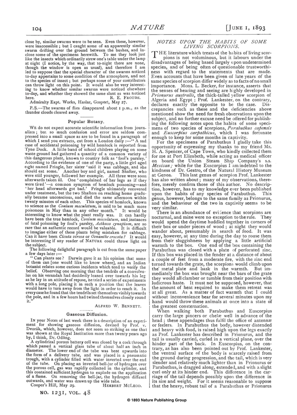 NATURE [June I, 1893 Close By, Similar Swarms Were to Be Seen