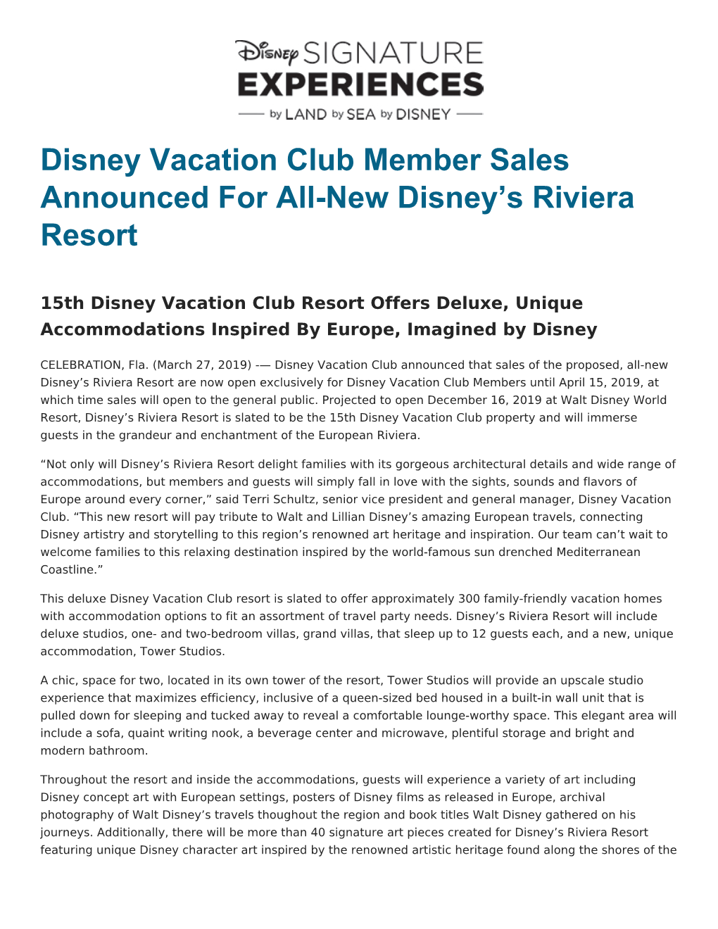 Disney Vacation Club Member Sales Announced for All-New Disney’S Riviera Resort