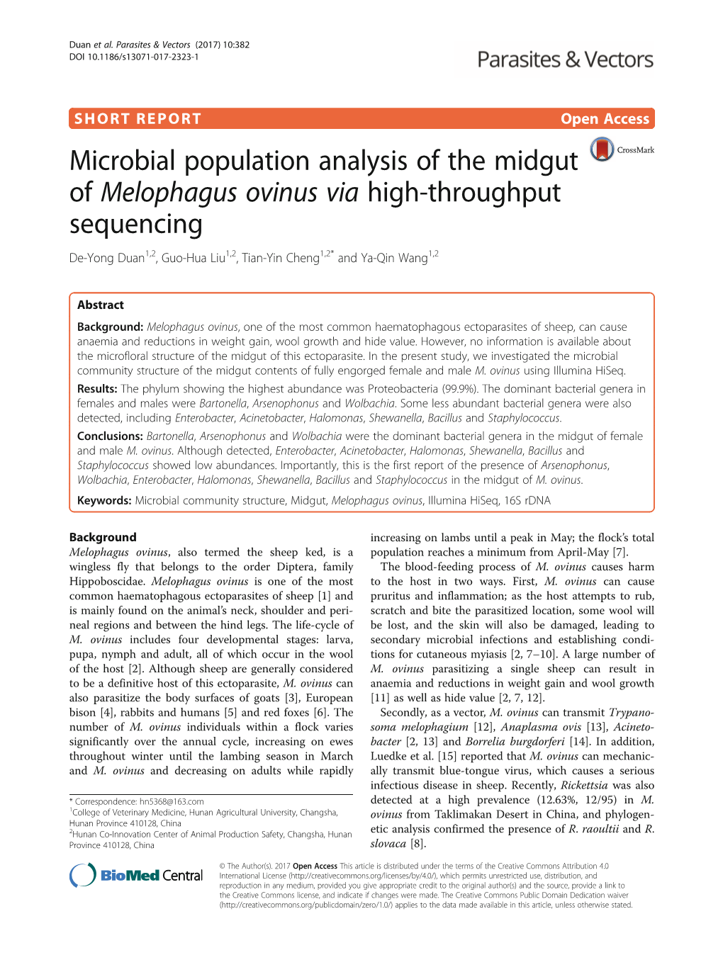 Microbial Population Analysis of the Midgut of Melophagus Ovinus Via High-Throughput Sequencing De-Yong Duan1,2, Guo-Hua Liu1,2, Tian-Yin Cheng1,2* and Ya-Qin Wang1,2