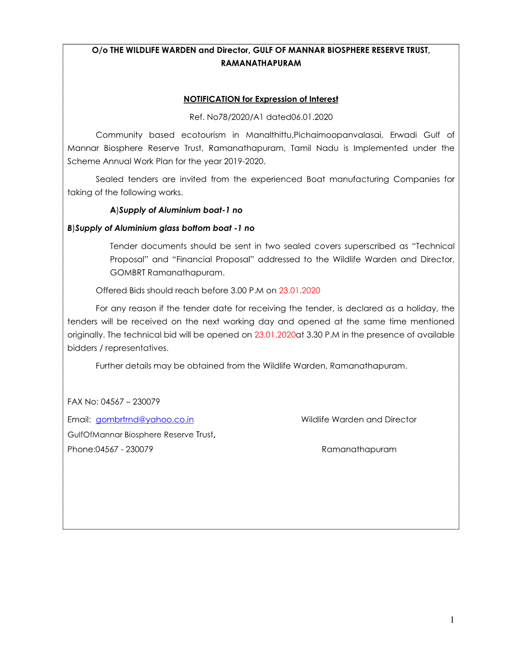 O/O the WILDLIFE WARDEN and Director, GULF of MANNAR BIOSPHERE RESERVE TRUST, RAMANATHAPURAM NOTIFICATION for Expression of Inte