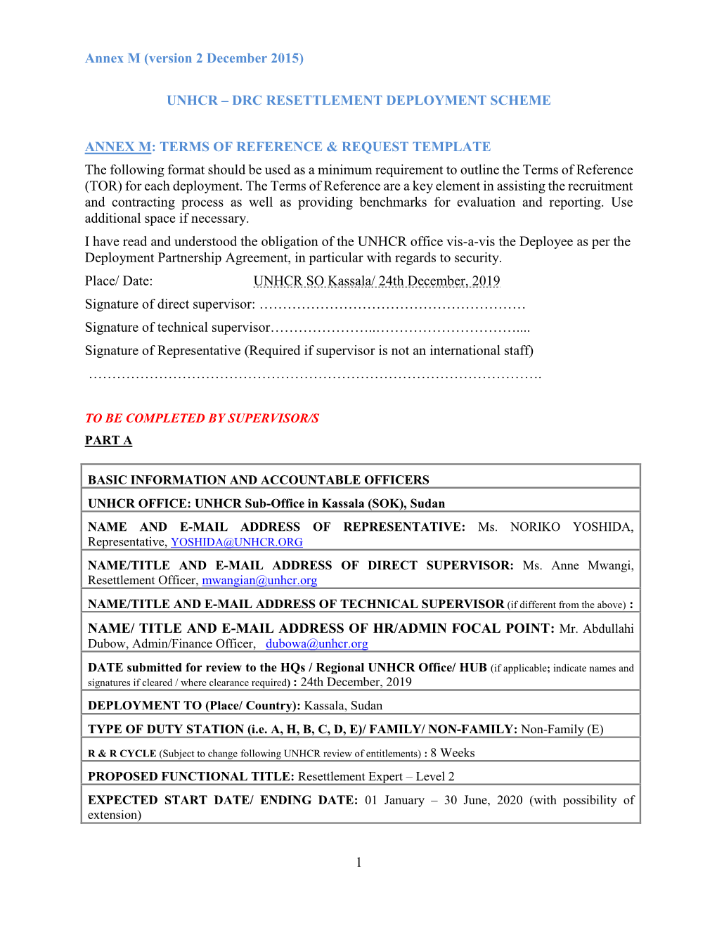 Unhcr – Drc Resettlement Deployment Scheme Annex M