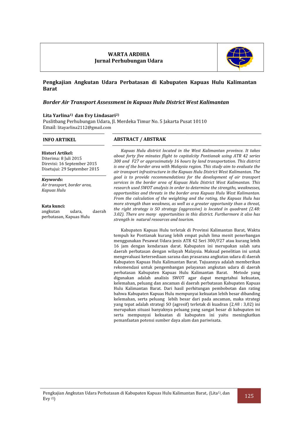 125 WARTA ARDHIA Jurnal Perhubungan Udara Pengkajian