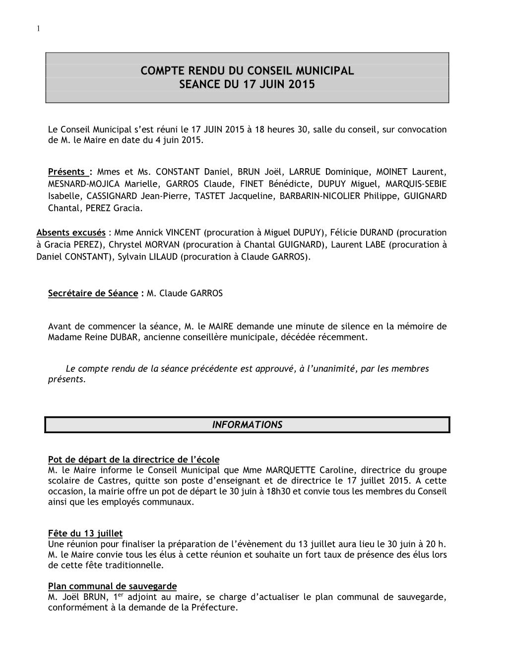 Compte Rendu Du Conseil Municipal Seance Du 17 Juin 201 5