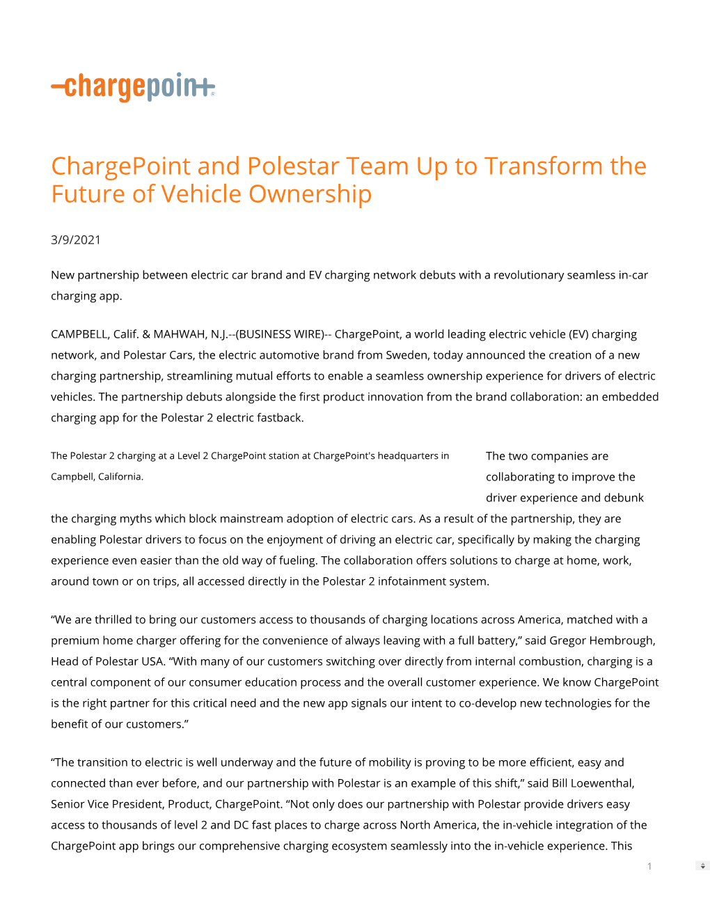 Chargepoint and Polestar Team up to Transform the Future of Vehicle Ownership