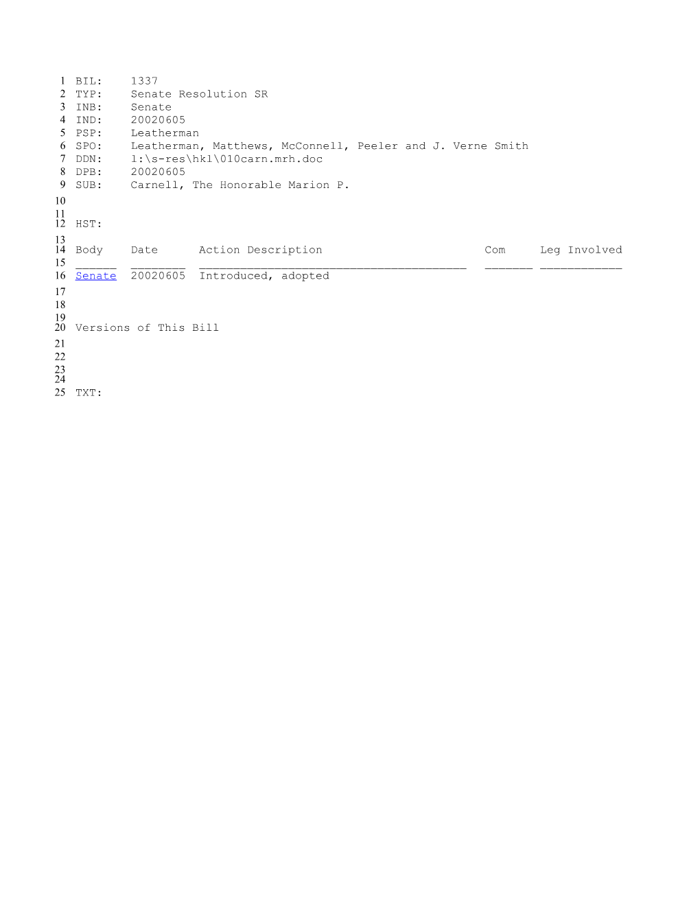 2001-2002 Bill 1337: Carnell, the Honorable Marion P. - South Carolina Legislature Online