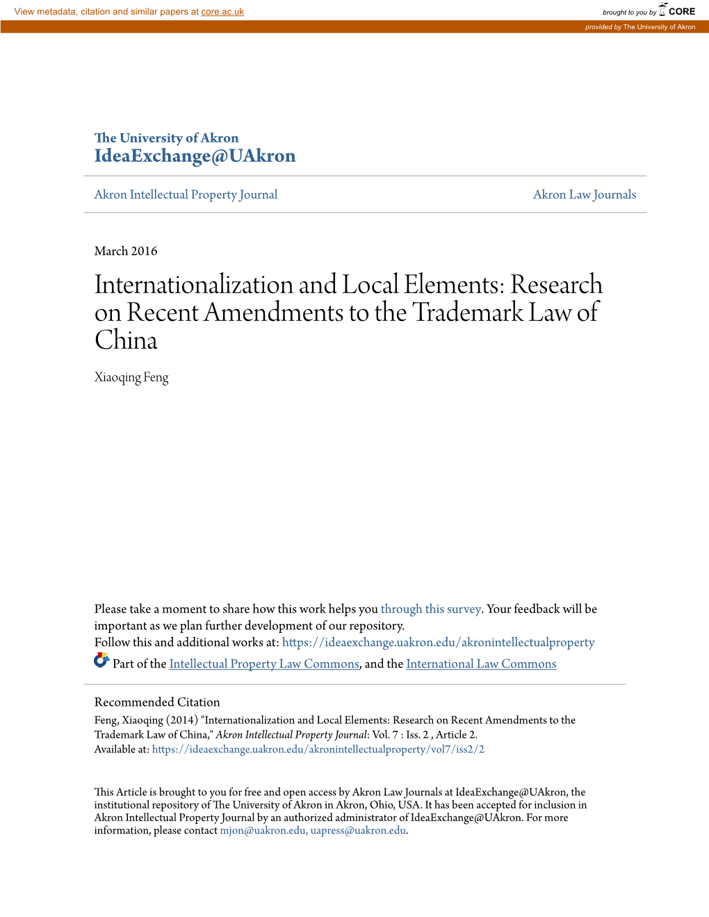 Research on Recent Amendments to the Trademark Law of China Xiaoqing Feng