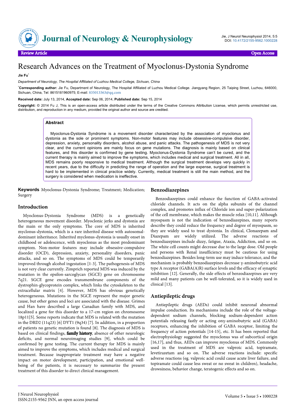 Research Advances on the Treatment of Myoclonus-Dystonia Syndrome