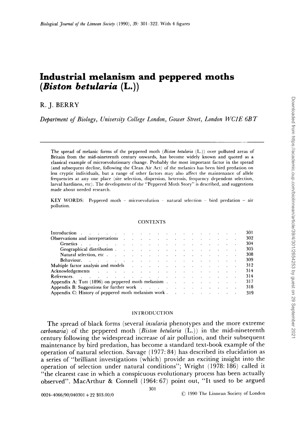 Industrial Melanism and Peppered Moths (Biston Betularia (L.))