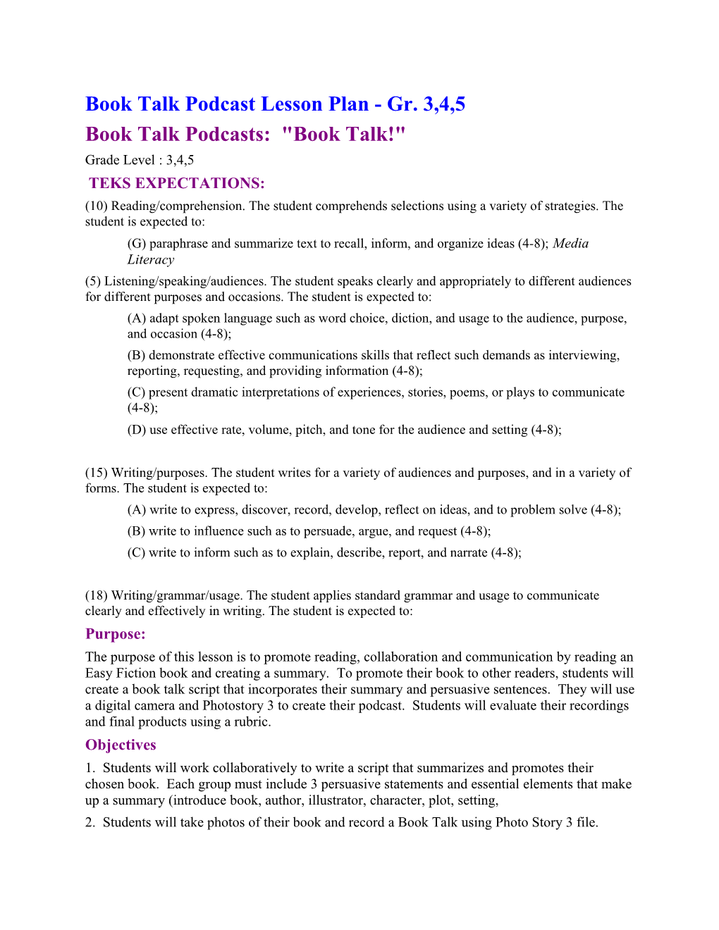 Book Talk Podcast Lesson Plan - Gr. 3,4,5