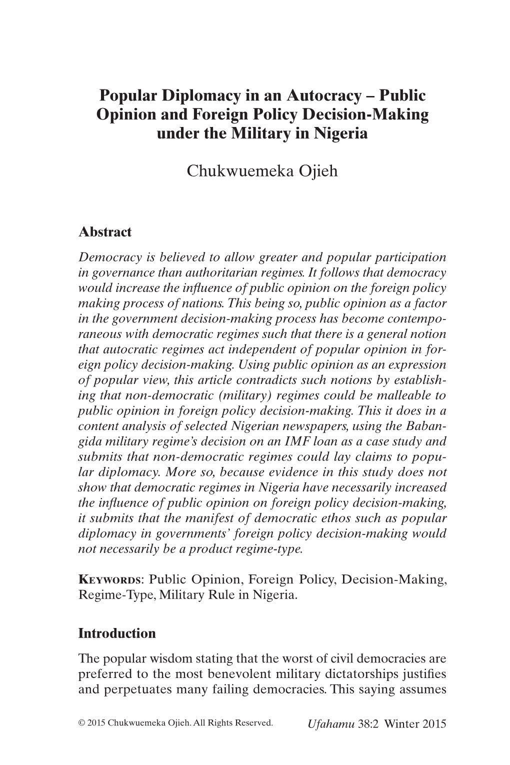 Public Opinion and Foreign Policy Decision-Making Under the Military in Nigeria