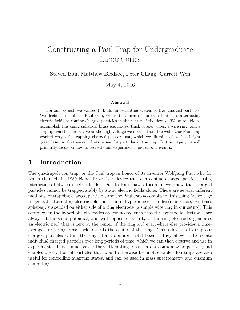 Constructing a Paul Trap for Undergraduate Laboratories