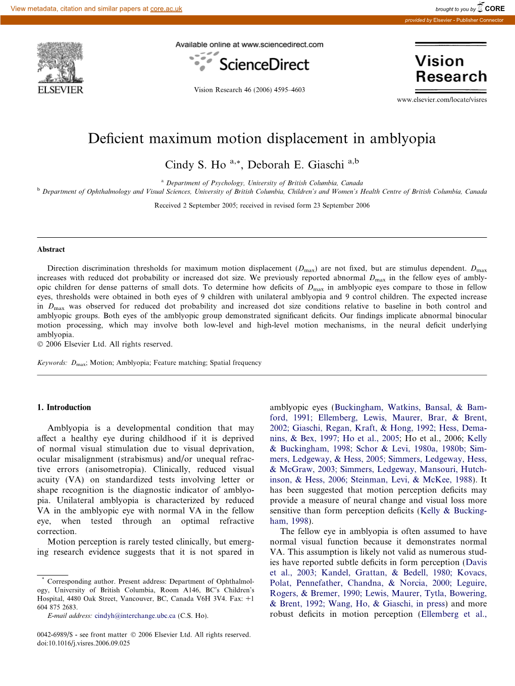 Deficient Maximum Motion Displacement in Amblyopia