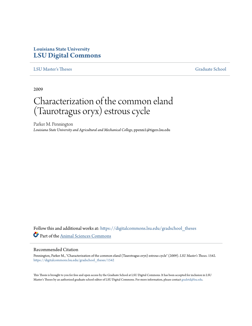 Characterization of the Common Eland (Taurotragus Oryx) Estrous Cycle Parker M