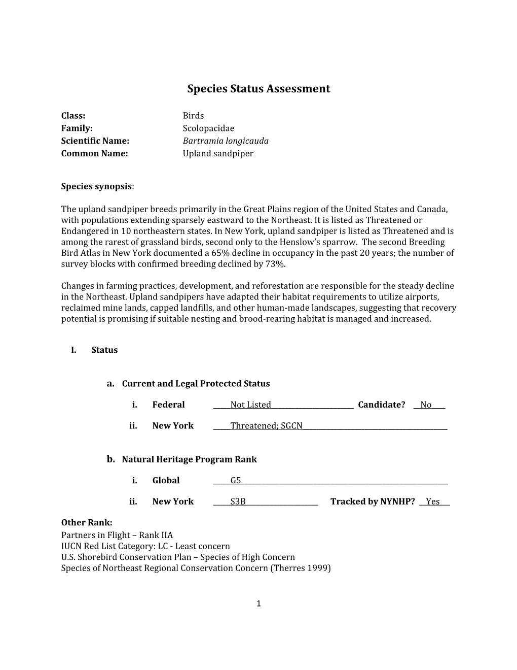 Species Assessment for Upland Sandpiper