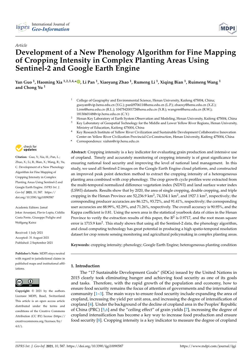 Development of a New Phenology Algorithm for Fine Mapping of Cropping Intensity in Complex Planting Areas Using Sentinel-2 and Google Earth Engine