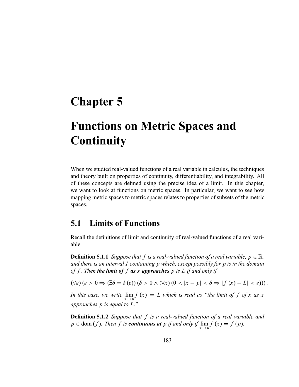 Chapter 5 Functions on Metric Spaces and Continuity