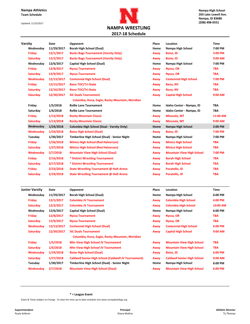 NAMPA WRESTLING 2017-18 Schedule