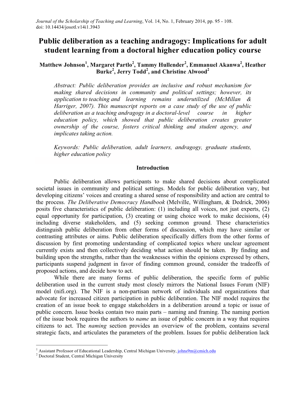 Public Deliberation As a Teaching Andragogy: Implications for Adult Student Learning from a Doctoral Higher Education Policy Course