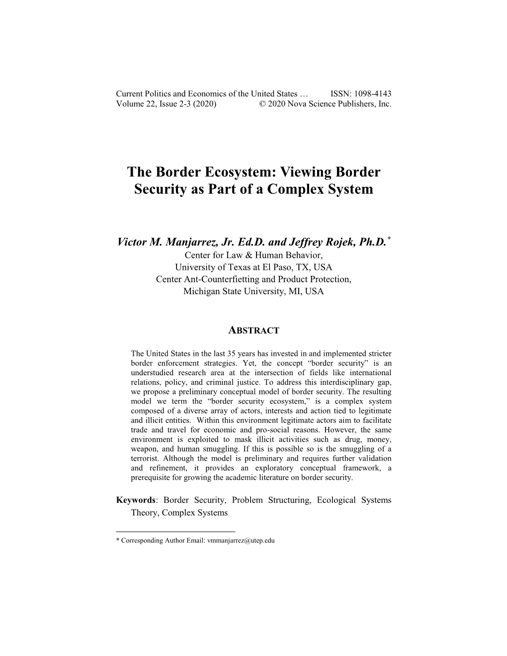 The Border Ecosystem: Viewing Border Security As Part of a Complex System