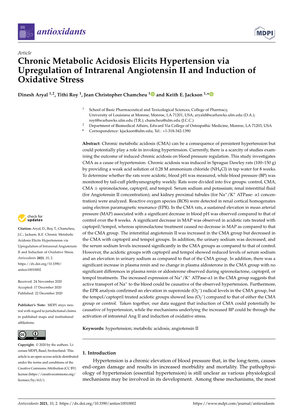 Chronic Metabolic Acidosis Elicits Hypertension Via Upregulation of Intrarenal Angiotensin II and Induction of Oxidative Stress