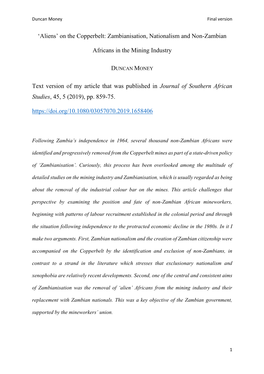 On the Copperbelt: Zambianisation, Nationalism and Non-Zambian Africans in the Mining Industry Text Version of My A