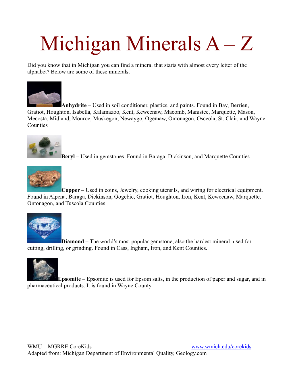 Michigan Minerals a – Z