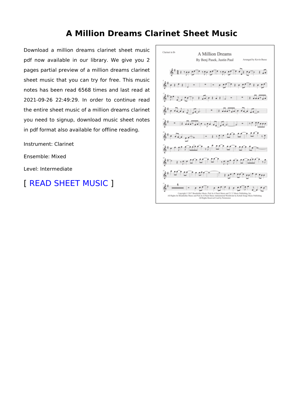 A Million Dreams Clarinet Sheet Music